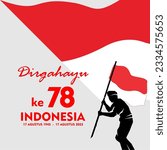 Indonesian Independence Day template with concept of a red and white flag background fluttering, a silhouette icon of a fighter carrying a flagged stick. Text means anniversary. Vector Illustration.