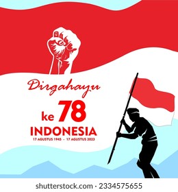 Plantilla del Día de la Independencia de Indonesia con el concepto de un fondo de bandera roja y blanca ondeando, un icono de silueta de un luchador con un palo con bandera. Texto significa aniversario. Ilustración vectorial.