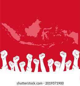 Indonesian Independence Day themed background with red and white colors and symbols of hands clenching into the air, can be used for pamphlets and uploaded to social media