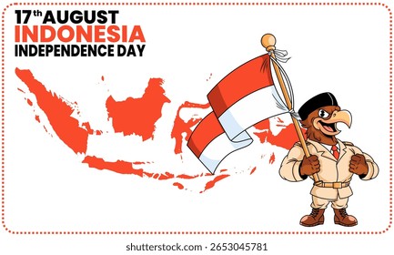 Indonesian Independence Day theme.Garuda freedom fighter waving flag, with decorative frames and map. Perfect for August 17th posters, banners, or backgrounds, with ample copy space.