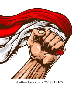 Indonesian Independence Day Vector - Fist Holding Red and White Flag Illustration