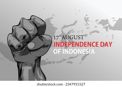 Indonesian independence day vector poster design with clenched hand and the island of Indonesian country as background.