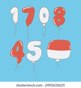 Vector indonesio del día de la independencia. decoración de globos rojos y blancos. con la fecha, mes, año y bandera indonesia escrita en él.