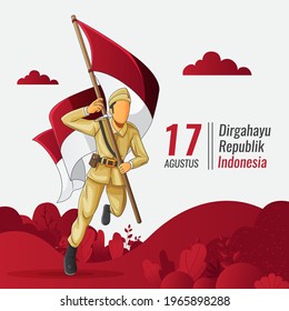 Indonesian independence greeting card with soldier carrying indonesian flag