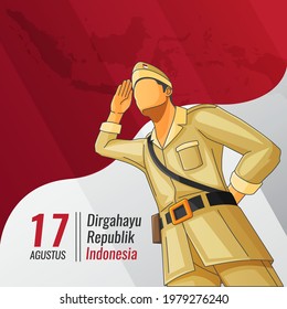 Indonesian independence greetings card with a hero doing saluting stand