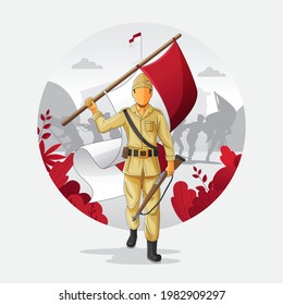 Indonesian independence greetings card with a hero carrying flag