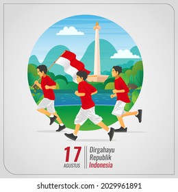 Indonesian Independence Greetings Card with kids running carrying national flag