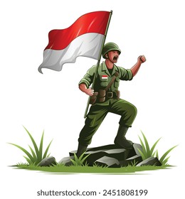 Indonesian independence hero spirit, with clenched fists, shouting and brandishing the red and white flag