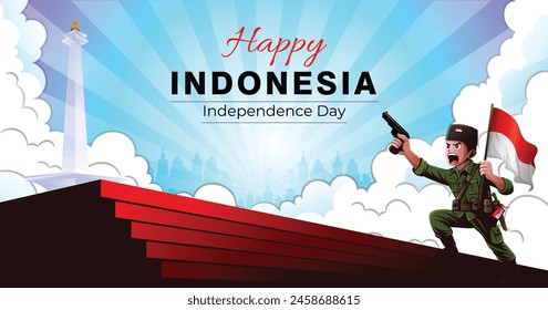 Indonesian independence hero spirit, with clenched fists, shouting and brandishing the red and white flag