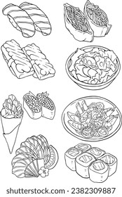 Indonesian and Japan Food Famous Hand Drawn Icon Set Vector. vector of sushi set. black line vector set