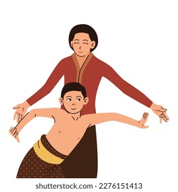 indonesian javanese boy learning traditional dancing illustration, javanese girl learning gambyong dance with her mother vector illustrator 