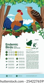 Ilustração plana das aves endêmicas javanesas indonésias para a ideia do livro de ciência