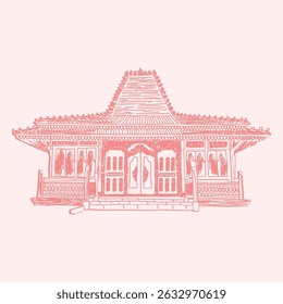 indonesian joglo house traditional line art illustration