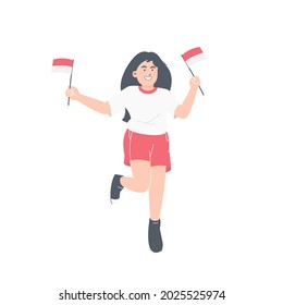 indonesian kid jumping happily holding two flags in hand, happy girl carrying indonesian flag in both hands, independence day vector people character illustration on white background isolated