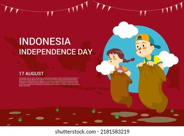 An Indonesian kids are conducting sack races competitions which are usually held on August 17 with Indoesian archipelago as a background