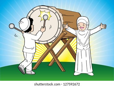Indonesian kids Moslem eid mubarak celebration day