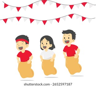 Indonésia Crianças Jogando Sack Race "Balap Karung" para a celebração do Dia da Independência - Ilustração plana do vetor