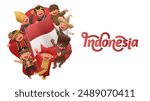 Indonesian Kids Wearing Traditional Ethnic Clothes Holding National Flag Together Illustration