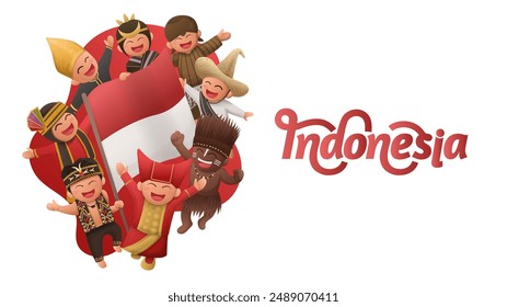 Niños Indonesios Usando Ropa Étnica Tradicional Sosteniendo La Bandera Nacional Juntos Ilustración