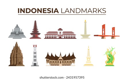 Indonesian landmarks element vector illustration set