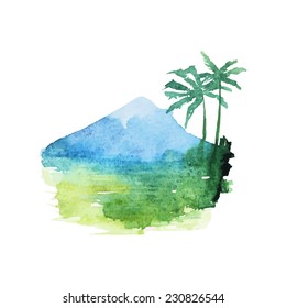 Indonesian landscape. Watercolor Bali in Indonesia view. Hand painted vector illustration.