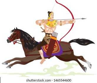 Indonesian Majapahit Warrior with bow, Riding horse, isolated
 vector flat illustration
