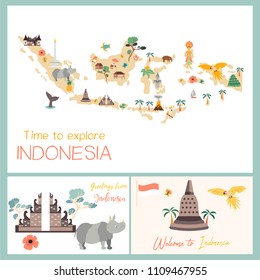 Indonesian Map With Animals And Landmarks.