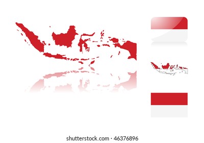Indonesian map including: map with reflection, map in flag colors, glossy and normal flag of Indonesia.