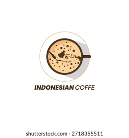 Mapa indonésio no modelo de design de logotipo da xícara. Vetor de design de logotipo de café indonésio. Vetor de mapa indonésio com folha e símbolo de ícone de logotipo de grão de café.
