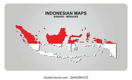 Indonesian maps showing the country of Indonesia. The map is red, white, and blue. The map is a flat, two-dimensional representation of the country