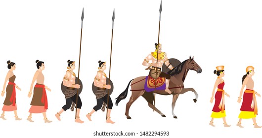 Indonesian Medieval Peoples of Majapahit lining up, walking side view, Priest, Knight, Soldier and Civilian - Vector 