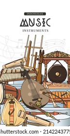 Instrumentos musicales indonesios dibujados a mano con ilustraciones vectoriales. Plantilla de publicación de medios sociales de música