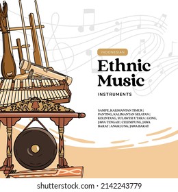 Indonesian music instruments hand drawn vector illustration. Music social media post template
