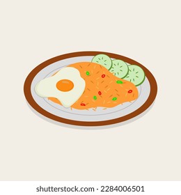 Indonesian Nasi Goreng Fried Rice - Savory Indonesian Nasi Goreng Fried Rice with Shrimp and Vegetables Vector Illustration