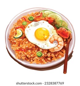 Indonesian nasi goreng fried rice asian food in watercolor illustration