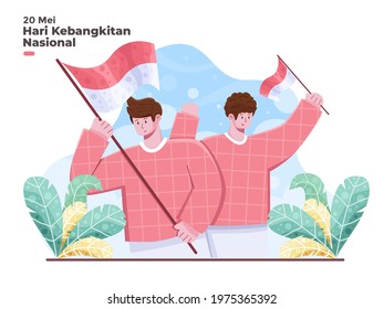 Indonesian National Awakening Day at 20 May illustration with people holding Indonesia national flag. 10 Mei Memperingati hari kebangkitan nasional indonesia. Suitable for banner, poster, greeting svg
