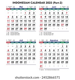 Indonesian national calendar 2025 sans serif horizontal may june july august gregorian