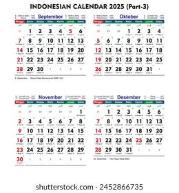 Indonesian national calendar 2025 sans serif horizontal september october november december gregorian