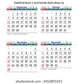 Indonesian national calendar 2025 serif horizontal september october november december gregorian