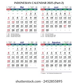 Indonesian national calendar 2025 serif horizontal may june july august gregorian