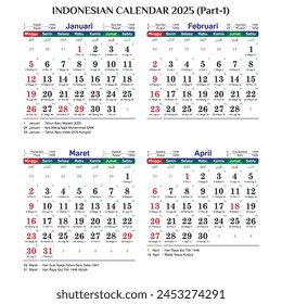 Indonesian national calendar 2025 serif horizontal january february march april gregorian