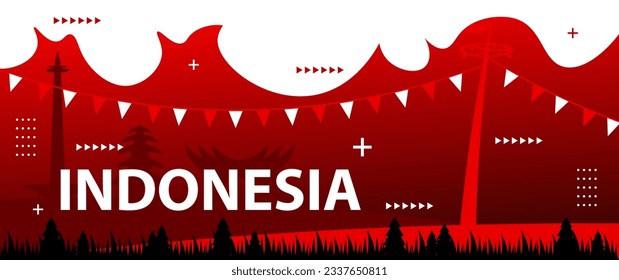 Indonesian national day banner with geometric abstract ornaments, complete with elements of the red and white flag, monas and Indonesian traditional houses