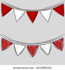 Indonesian National Day Decoration – Triangle Red and White Flag Garland in Doodle Style