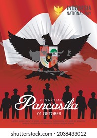 Día Nacional de Indonesia. Hari Kesaktian Pancasila. Traducción: 1 de octubre, Feliz Día de la Sanidad Pancasila. Adecuado para tarjetas de felicitación, carteles y banners