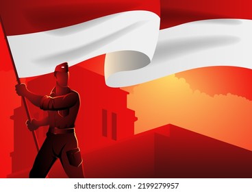 Héroe nacional indonesio sostiene la bandera de Indonesia, Día de la Independencia, Día de los héroes nacionales indonesios, ilustración vectorial