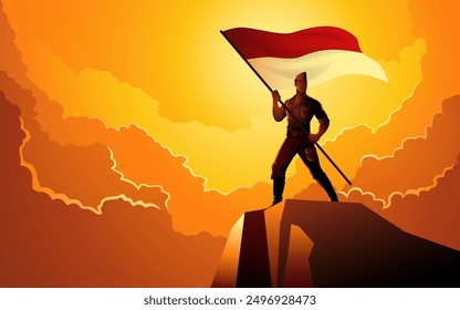 Indonesian national hero proudly holding the flag of Indonesia atop a rock. Perfect for patriotic, historical, and national pride themes, symbolizes bravery and the spirit of independence