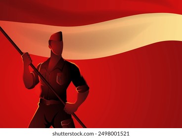 Héroe nacional indonesio sosteniendo con orgullo la bandera de Indonesia sobre fondo rojo. Perfecto para temas patrióticos, históricos y de orgullo nacional, simboliza la valentía y el espíritu de independencia