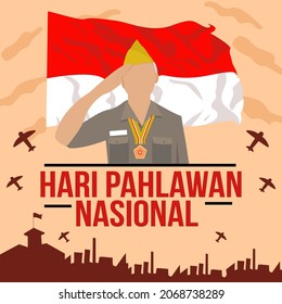 indonesian National Heroes Day with illustration of Veteran giving salute in front of Indonesian Flag