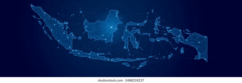 Indonesian network connections in blue. Point and line connection map concept. Modern communication connection concept design on blue background