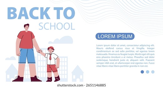Indonesian parents taking their elementary school child to school, wearing a red and white uniform, in banner size design
